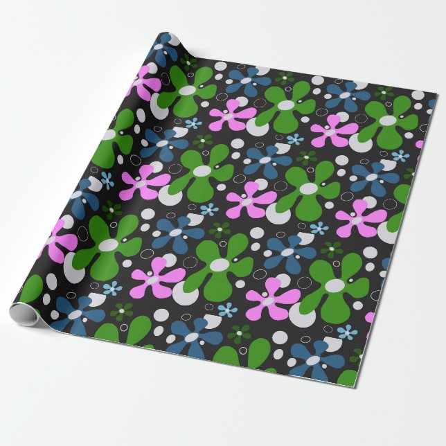 Blue, green & pink funky flowers  wrapping paper (Unrolled)