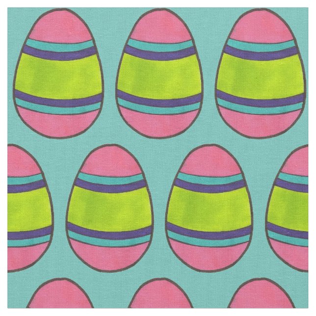 Blue Green Pink Striped Painted Easter Egg Hunt Fabric (Close Up)