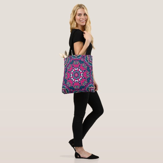 Blue, Green, Pinks and Purple Geometric Mandala Tote Bag (On Model)