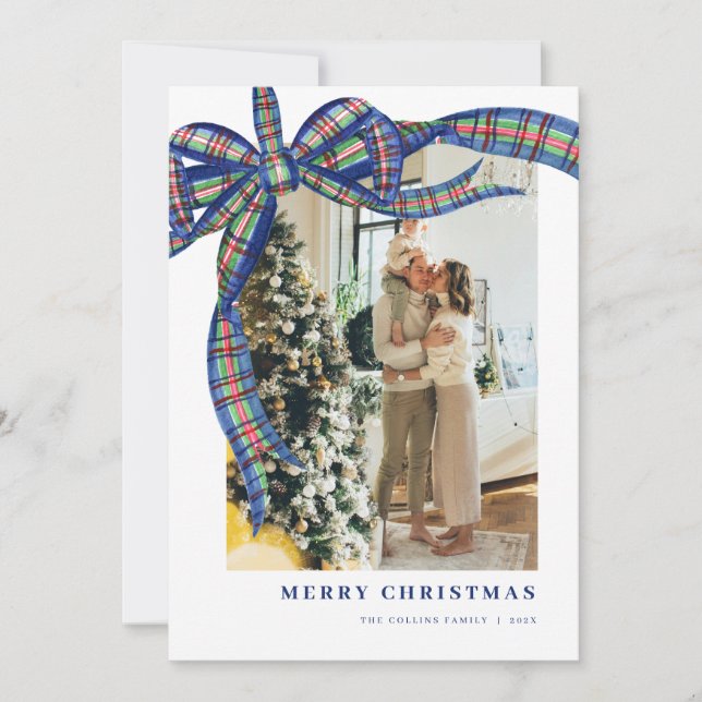 Blue Green Plaid Bow Christmas Photo Holiday Card (Front)