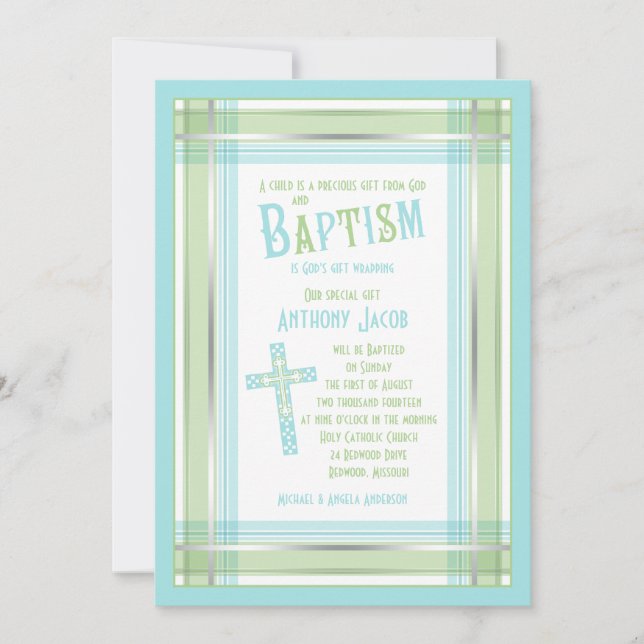 Blue Green Plaid Cross Catholic Baptism Invitation (Front)