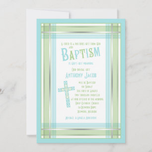 Blue Green Plaid Cross Catholic Baptism Invitation