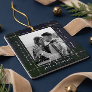 Blue Green Plaid Engaged Script Engagement Photo Ceramic Ornament