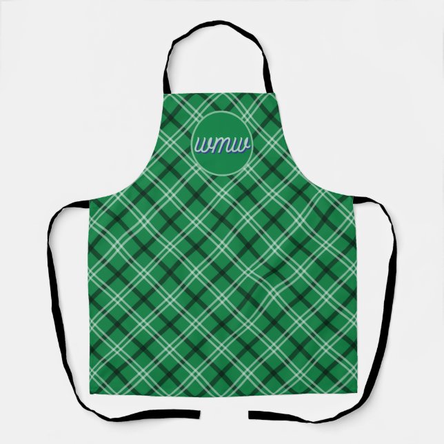 Blue Green Plaid Pattern Monogram Apron (Front)