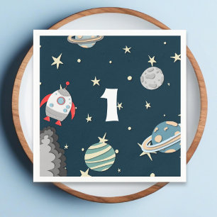 Blue Green Planets Rocket Ship Boy First Birthday Napkin