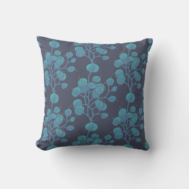 Blue Green Plant Pattern Pen Drawing Throw Pillow (Front)