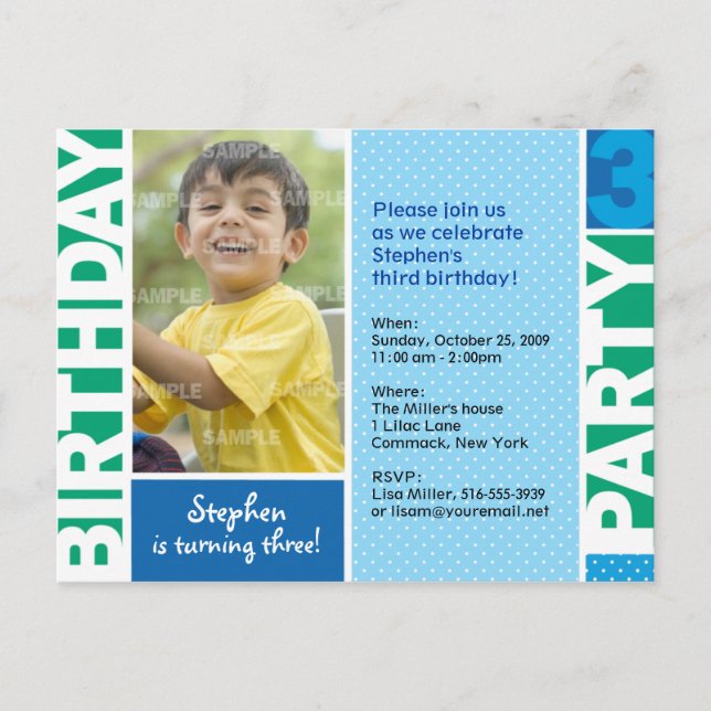 Blue Green Polka Dot 3rd Birthday Invitation Postcard (Front)
