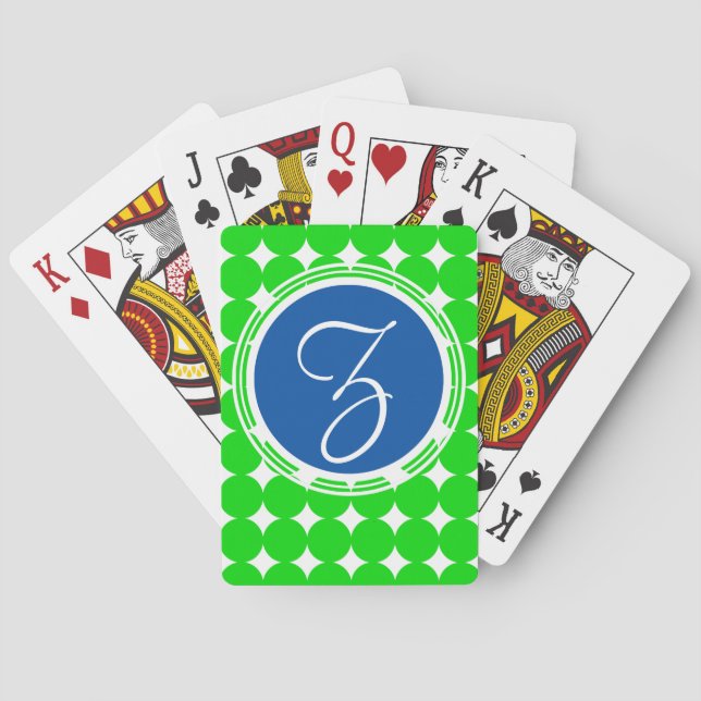 Blue & Green Polka Dot Monogram Playing Cards (Back)