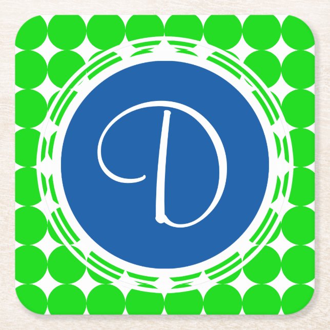 Blue & Green Polka Dot Monogram Square Paper Coaster (Front)