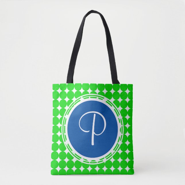 Blue & Green Polka Dot Monogram Tote Bag (Front)