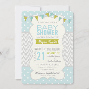 Blue Green Polka Dots and Chevron Baby Shower Invitation