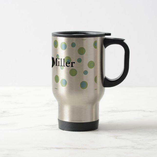 Blue Green Polka Dots Monogrammed Travel Mug (Right)