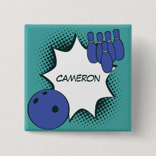 Blue-Green Pop Art Bowling Name Button