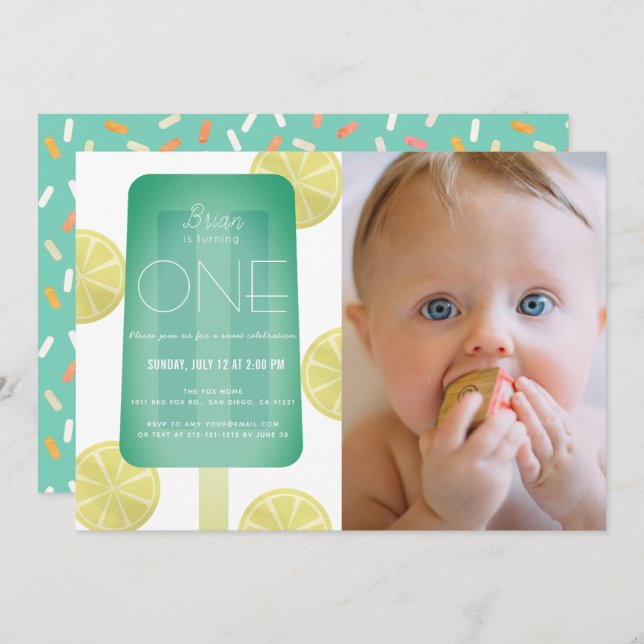 Blue Green Popsicle Boy Photo 1st Birthday Invitation (Front/Back)