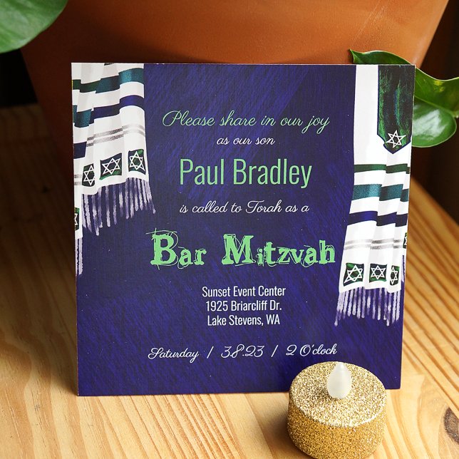 Blue, Green Prayer Shawl Bar Mitzvah Invitation (Royal blue and green bar mitzvah card with tallit prayer shawls)