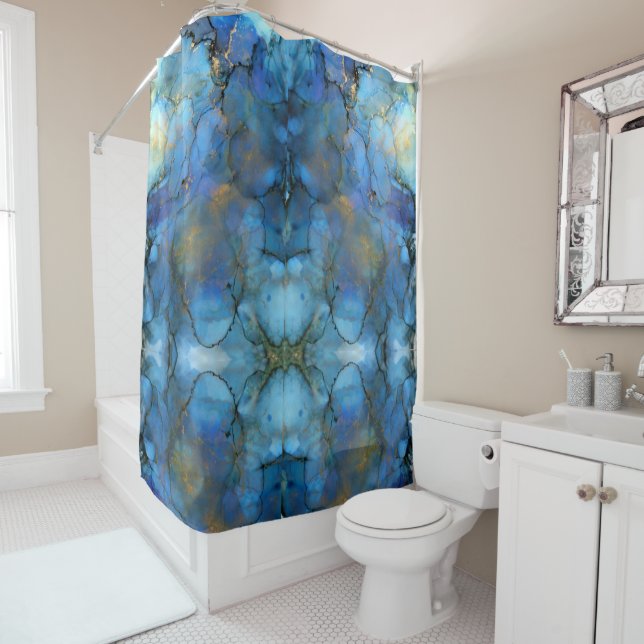 Blue Green Purple Abstract Ink  Shower Curtain (In Situ)