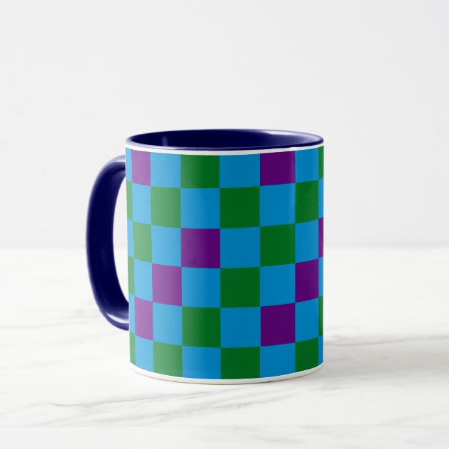 Blue Green Purple Checkered Pattern Design  Mug (Front Left)