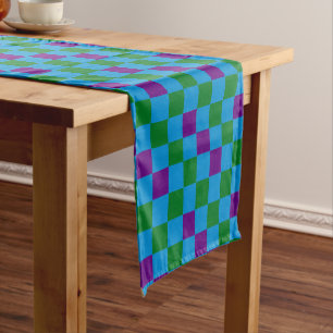 Blue Green Purple Chequered Pattern Design Short Table Runner