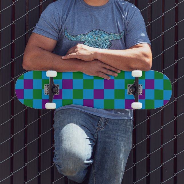 Blue Green Purple Chequered Pattern Design  Skateboard (Outdoor 3)