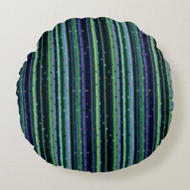 Blue, green, purple geometric with stripes round cushion (Front)