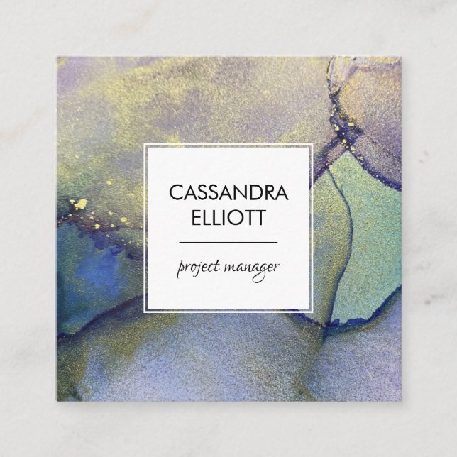 Blue, Green, Purple & Gold Abstract Liquid Art Square Business Card (Front)
