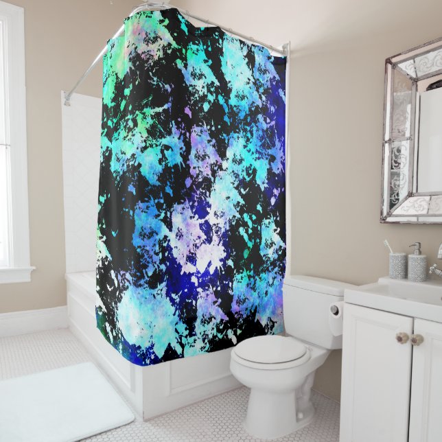 Blue Green Purple Paint Splash Abstract Shower Curtain (In Situ)