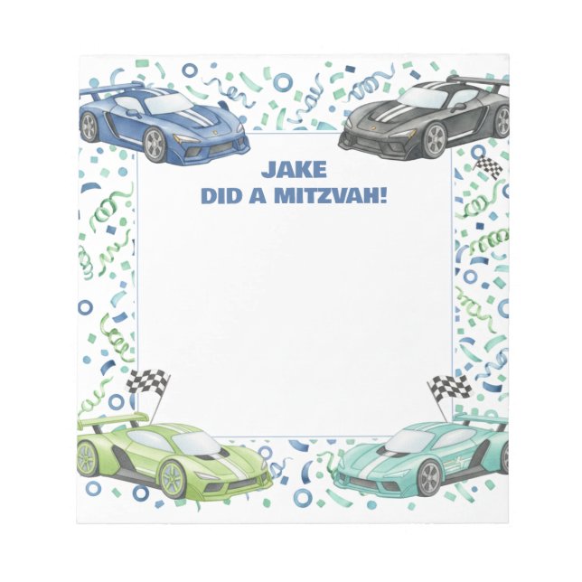 Blue Green Race car Supercar Personalised Mitzvah  Notepad (Front)