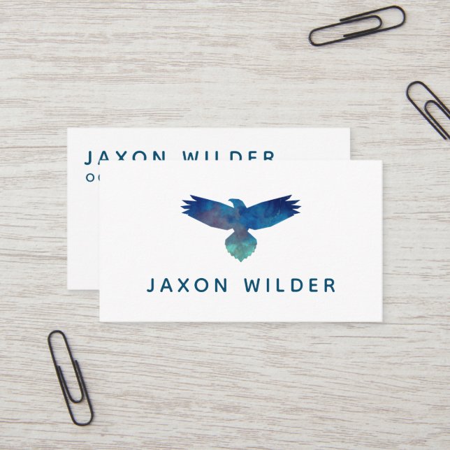 Blue Green Raven Bird Silhouette Cloud Minimal Business Card (Front/Back In Situ)