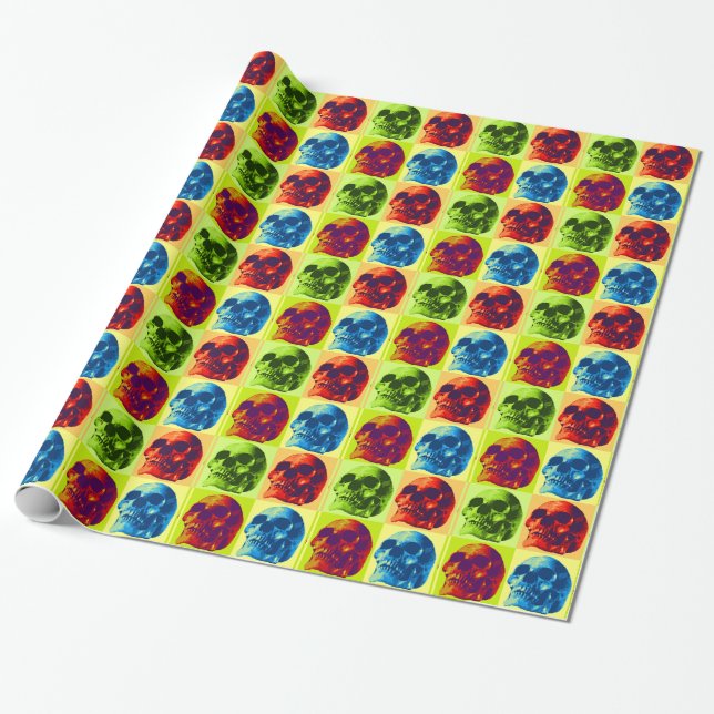 Blue Green Red Skull Christmas Wrapping Paper (Unrolled)