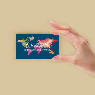 Blue Green Retro Colourful Watercolor World Map Business Card