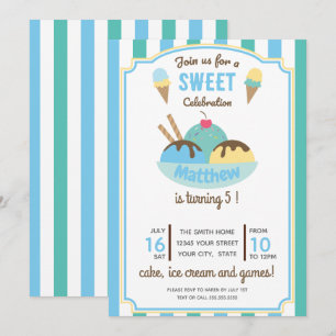 Blue Green Retro Ice Cream Kid's Birthday Party Invitation