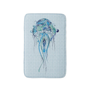 Blue-Green Retro Jellyfish Over Blue Background 2 Bath Mat