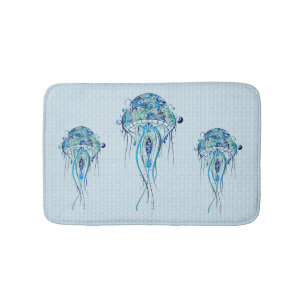 Blue-Green Retro Jellyfish Over Blue Background Bath Mat