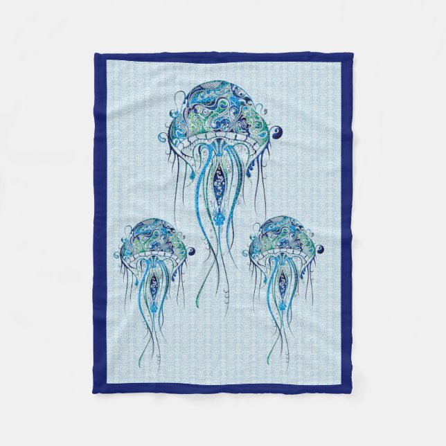 Blue-Green Retro Jellyfish Over Blue Background Fleece Blanket (Front)