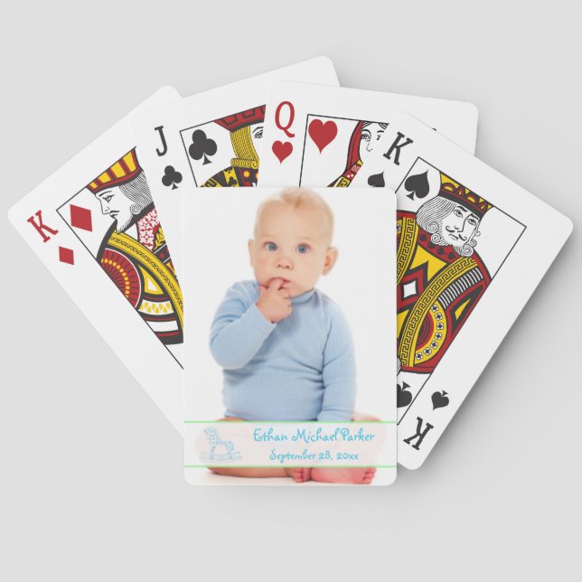 Blue Green Rocking Horse Baby Photo Playing Cards (Back)
