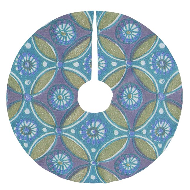 Blue Green Rustic Boho Geometric Circle Pattern Brushed Polyester Tree Skirt (Front)
