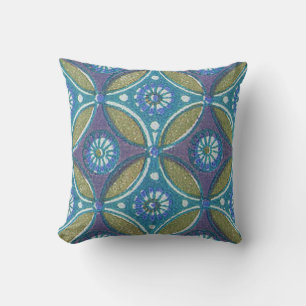 Blue Green Rustic Boho Geometric Circle Pattern Cushion