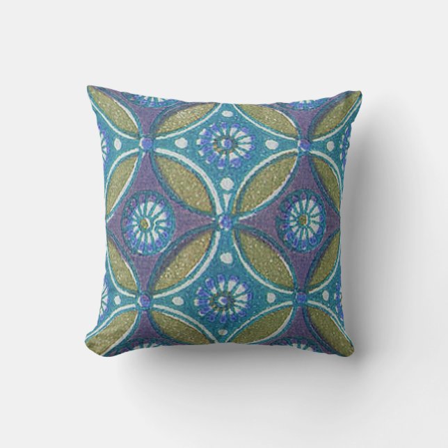 Blue Green Rustic Boho Geometric Circle Pattern Cushion (Front)