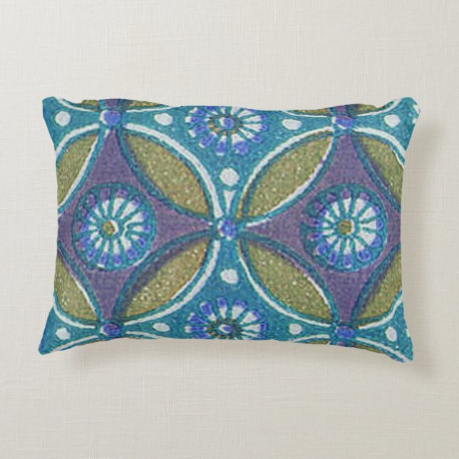 Blue Green Rustic Boho Geometric Circle Pattern Decorative Cushion (Back)