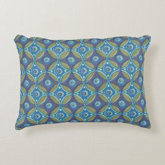Blue Green Rustic Boho Geometric Circle Pattern Decorative Cushion (Front)