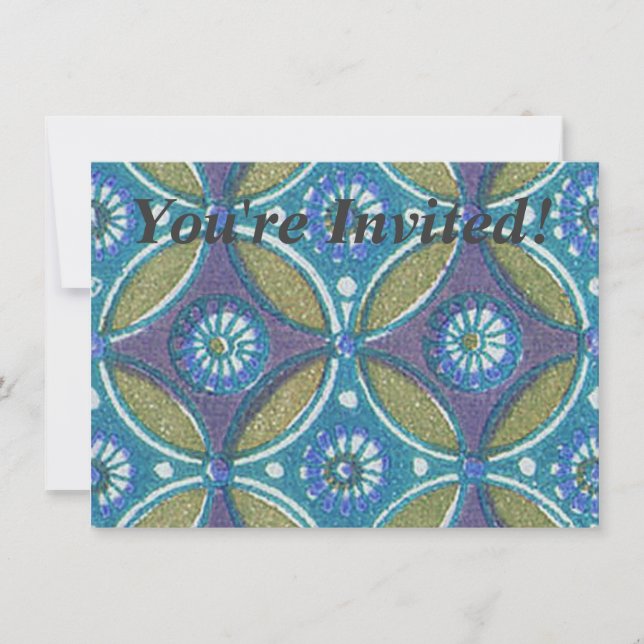 Blue Green Rustic Boho Geometric Circle Pattern Invitation (Front)