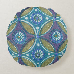 Blue Green Rustic Boho Geometric Circle Pattern Round Cushion