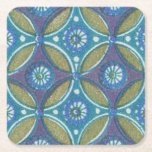Blue Green Rustic Boho Geometric Circle Pattern Square Paper Coaster