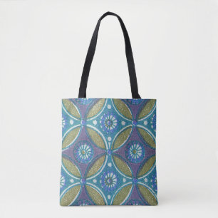 Blue Green Rustic Boho Geometric Circle Pattern Tote Bag