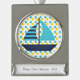 Blue Green Sail Boat Silver Plated Banner Ornament