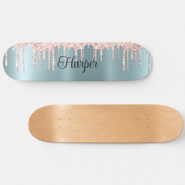 Blue Green Satin Finish with Pink Glitter Drips Skateboard (Horz)