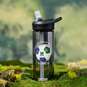 blue green school club team colours custom soccer water bottle