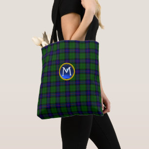 BLUE GREEN SCOTTISH ARMSTRONG TARTAN GEM MONOGRAM TOTE BAG