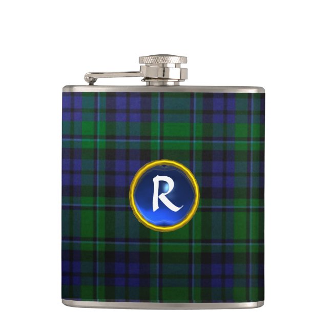 BLUE GREEN SCOTTISH TARTAN SAPPHIRE GEM MONOGRAM HIP FLASK (Front)