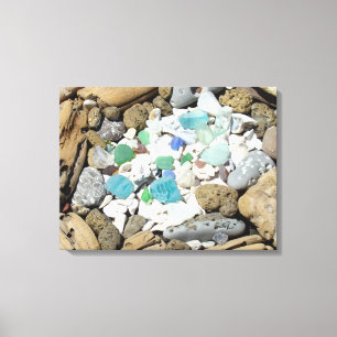 Blue Green Sea Glass Ocean Driftwood Fossils Shell Canvas Print